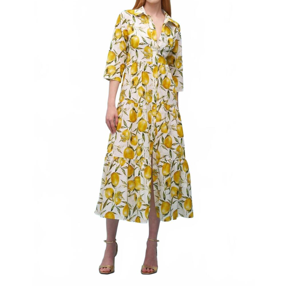 NEW ASTRID lemon print woven maxi dress in white/yellow